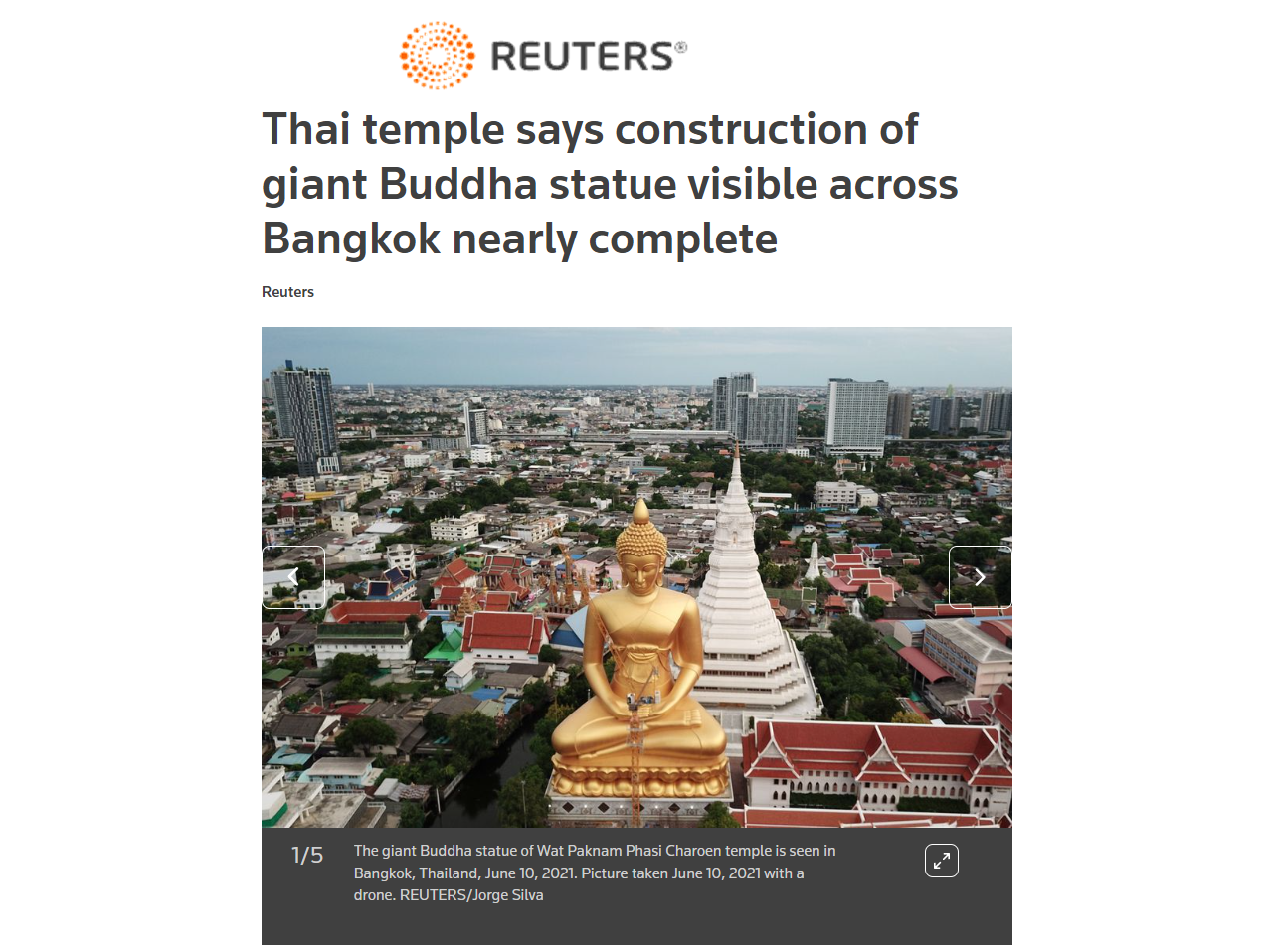 Thai temple says construction of giant Buddha statue visible across Bangkok nearly complete